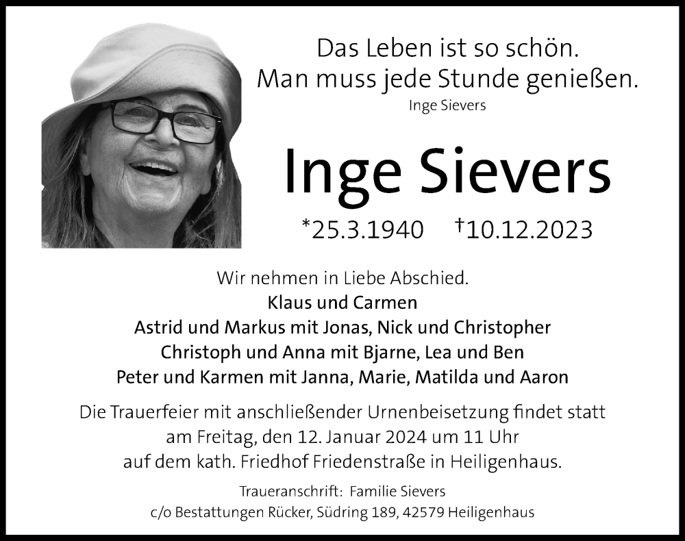 Traueranzeigen Von Inge Sievers | Trauer-in-NRW.de