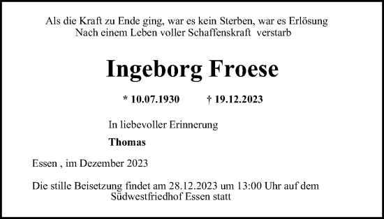 Traueranzeige von Ingeborg Froese von Tageszeitung