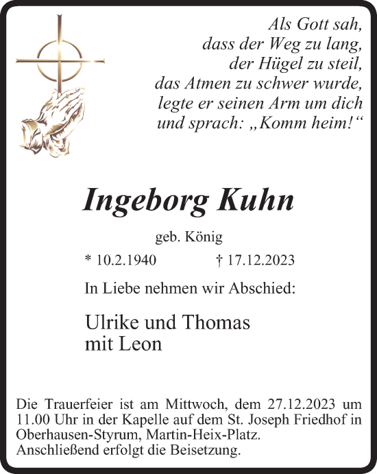 Traueranzeige von Ingeborg Kuhn von Tageszeitung