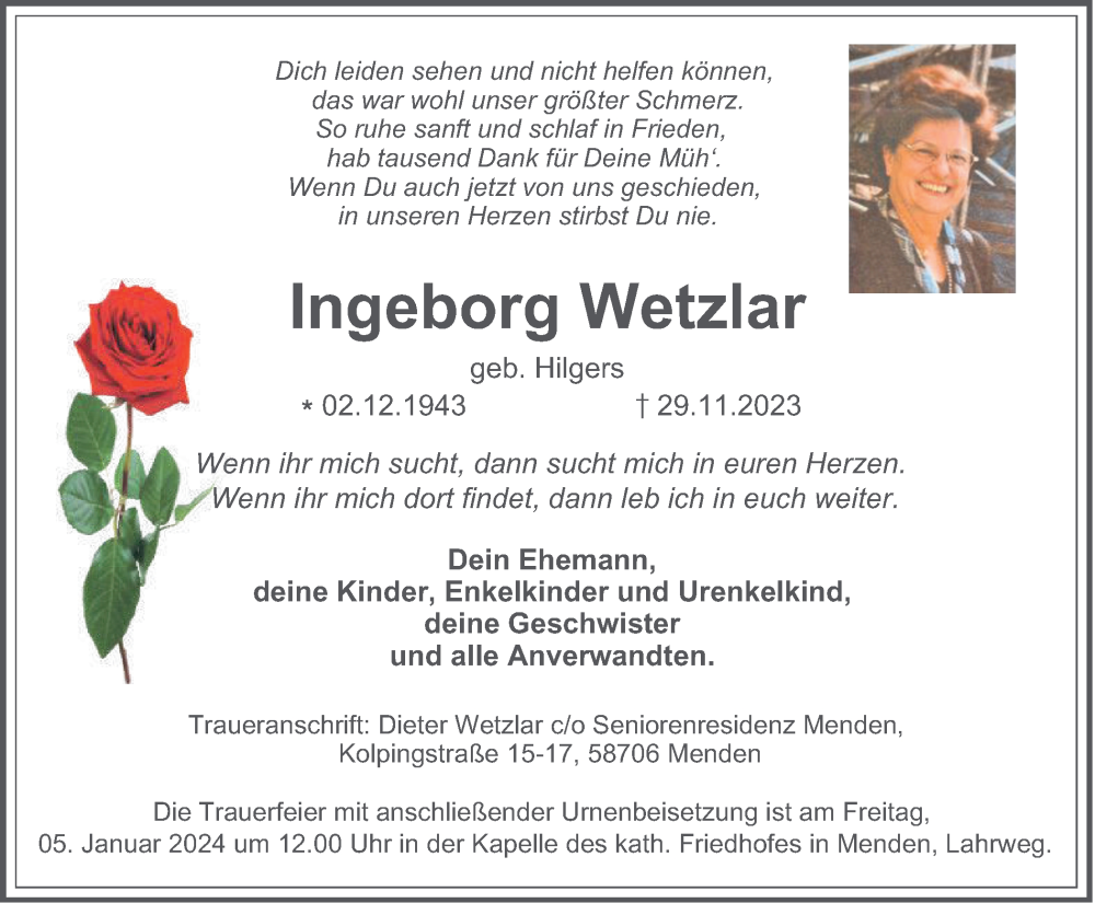  Traueranzeige für Ingeborg Wetzlar vom 30.12.2023 aus Tageszeitung