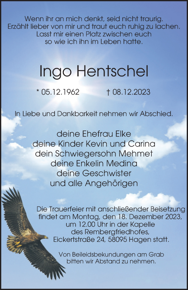 Traueranzeige für Ingo Hentschel vom 13.12.2023 aus Tageszeitung