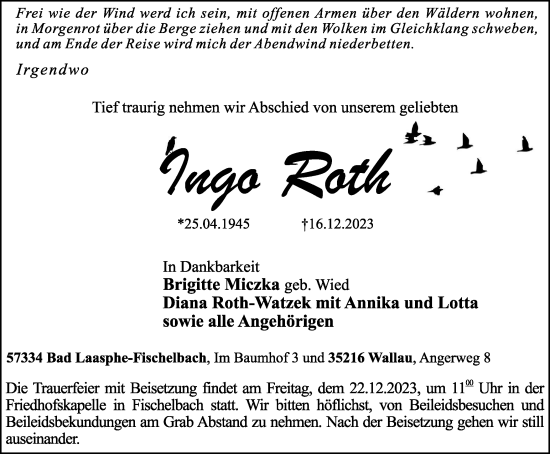 Traueranzeige von Ingo Roth von Tageszeitung