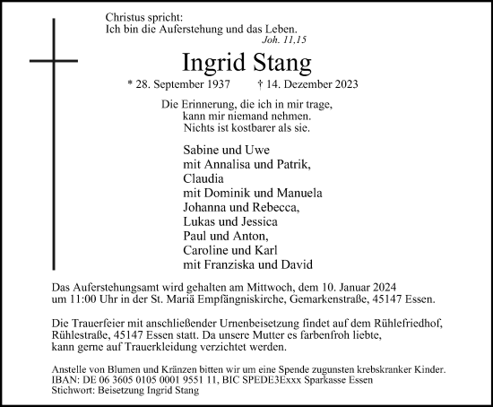 Traueranzeige von Ingrid Stang von Tageszeitung
