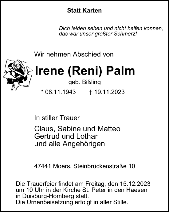 Traueranzeige von Irene Palm von Tageszeitung