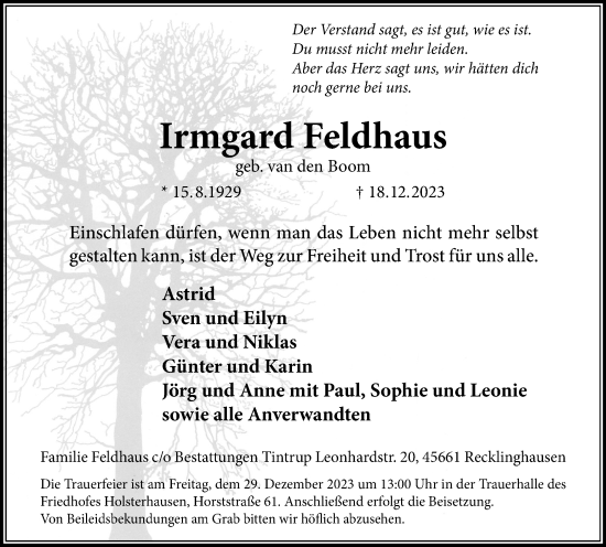 Traueranzeige von Irmgard Feldhaus von Tageszeitung