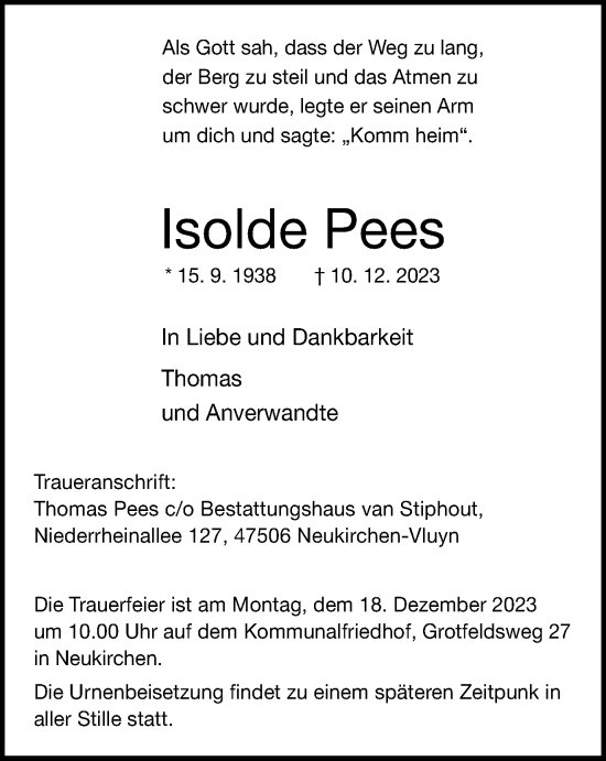 Traueranzeige von Isolde Pees von Tageszeitung