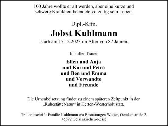 Traueranzeige von Jobst Kuhlmann von Tageszeitung