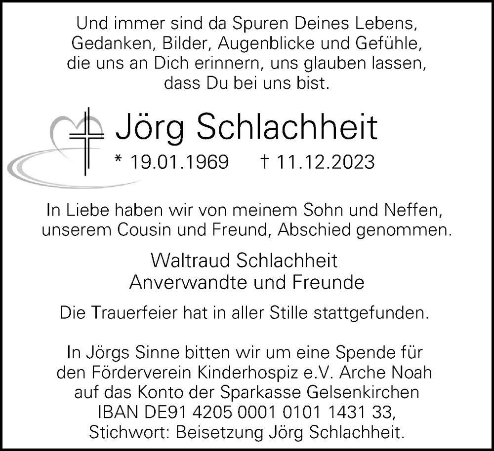  Traueranzeige für Jörg Schlachheit vom 23.12.2023 aus Tageszeitung