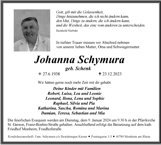 Traueranzeige von Johanna Schymura von Tageszeitung