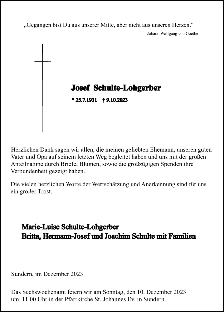 Traueranzeige für Josef Schulte-Lohgerber vom 02.12.2023 aus Tageszeitung