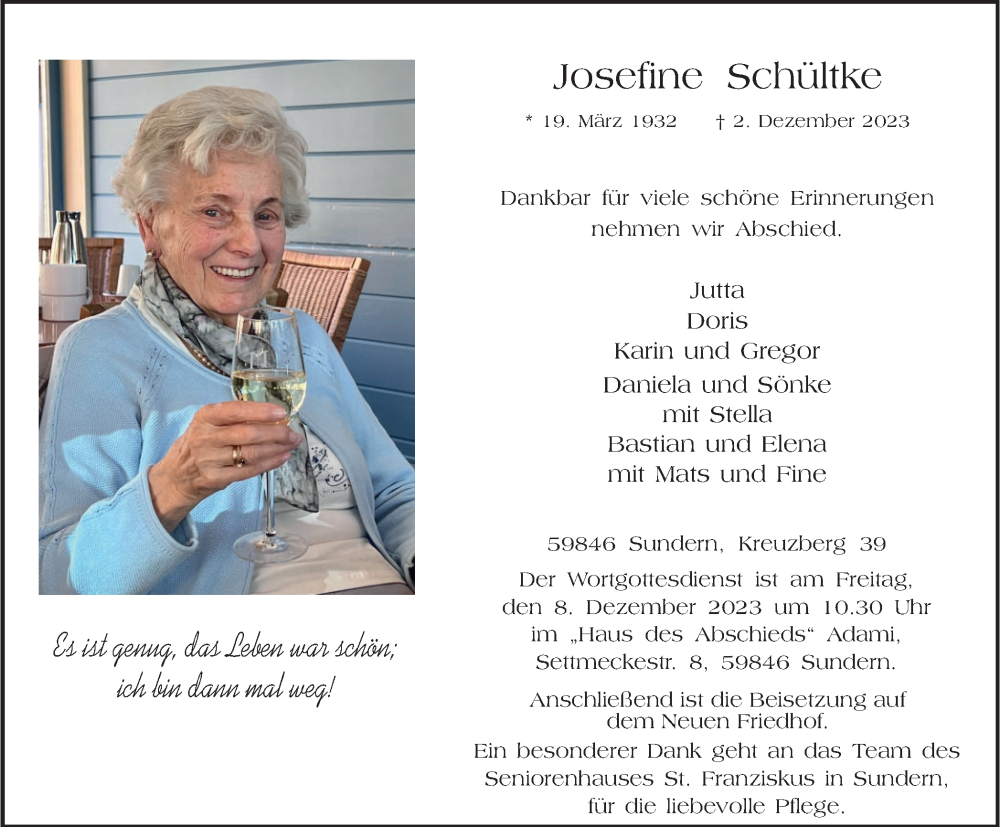  Traueranzeige für Josefine Schültke vom 06.12.2023 aus Tageszeitung