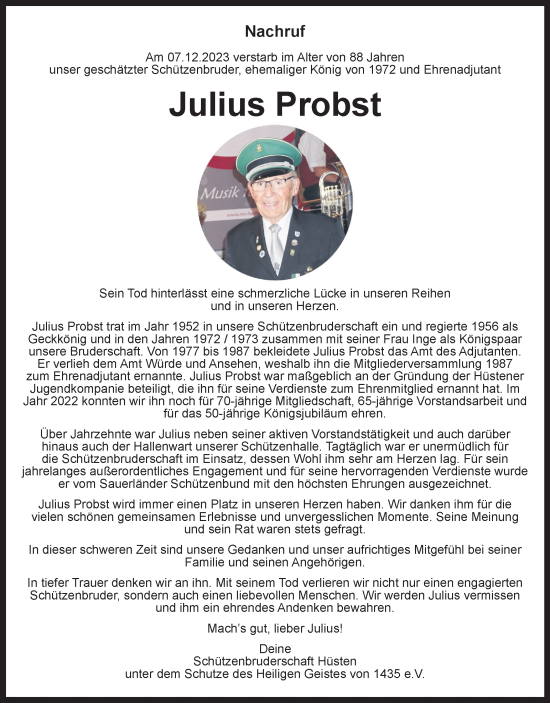 Traueranzeige von Julius Probst von Tageszeitung