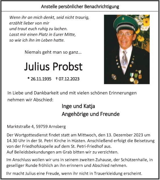 Traueranzeige von Julius Probst von Tageszeitung