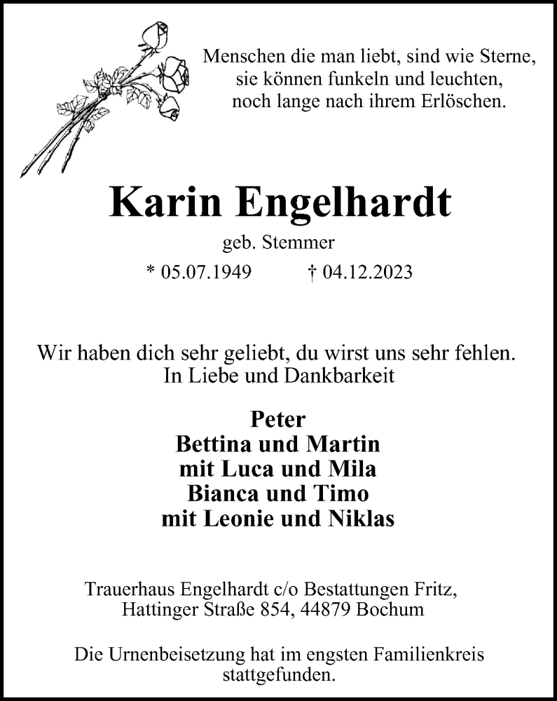  Traueranzeige für Karin Engelhardt vom 23.12.2023 aus Tageszeitung