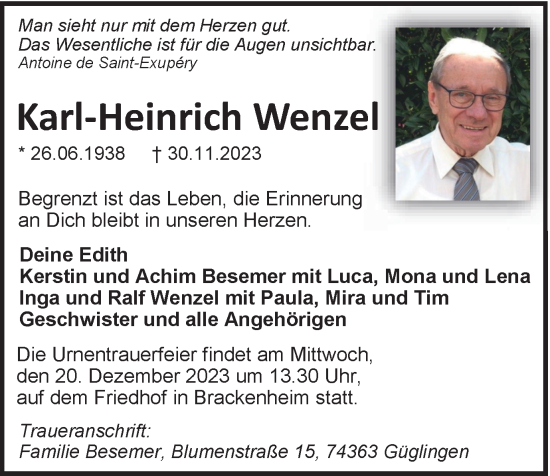 Traueranzeige von Karl-Heinrich Wenzel von Tageszeitung