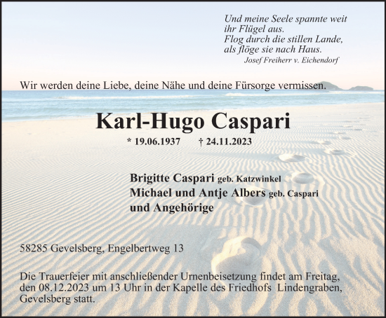 Traueranzeige von Karl-Hugo Caspari von Tageszeitung