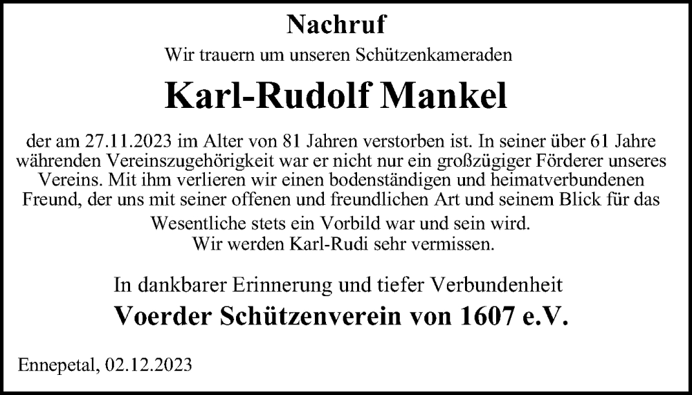  Traueranzeige für Karl-Rudolf Mankel vom 02.12.2023 aus Tageszeitung