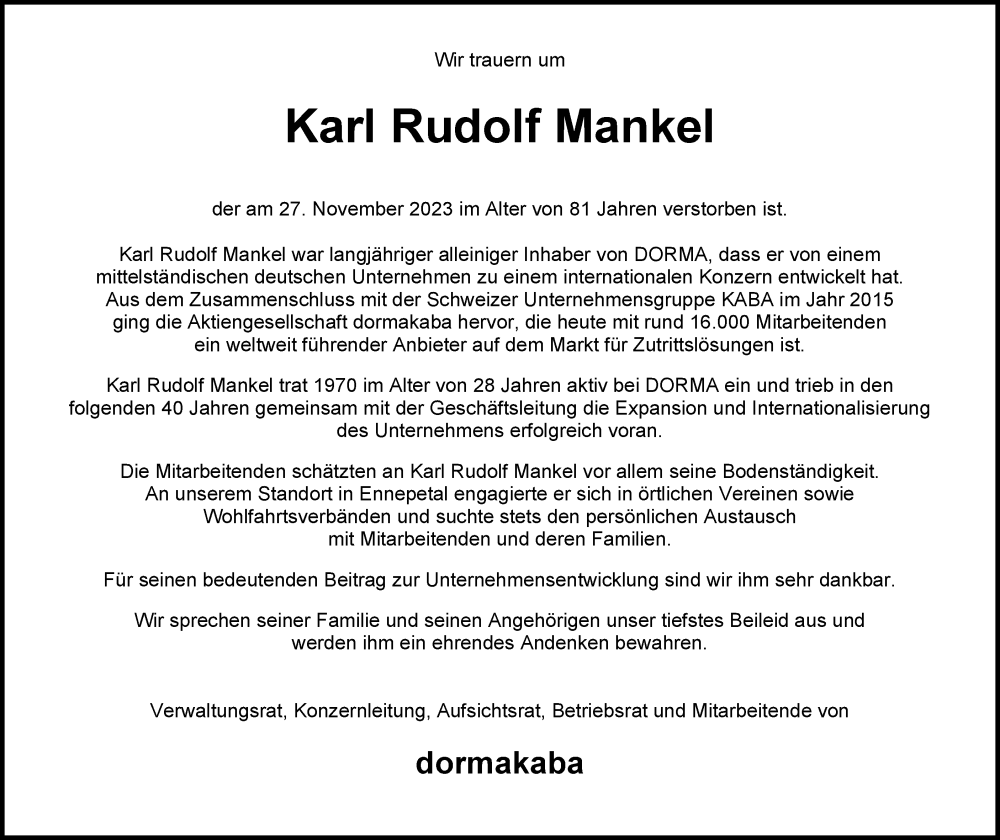  Traueranzeige für Karl Rudolf Mankel vom 02.12.2023 aus Tageszeitung