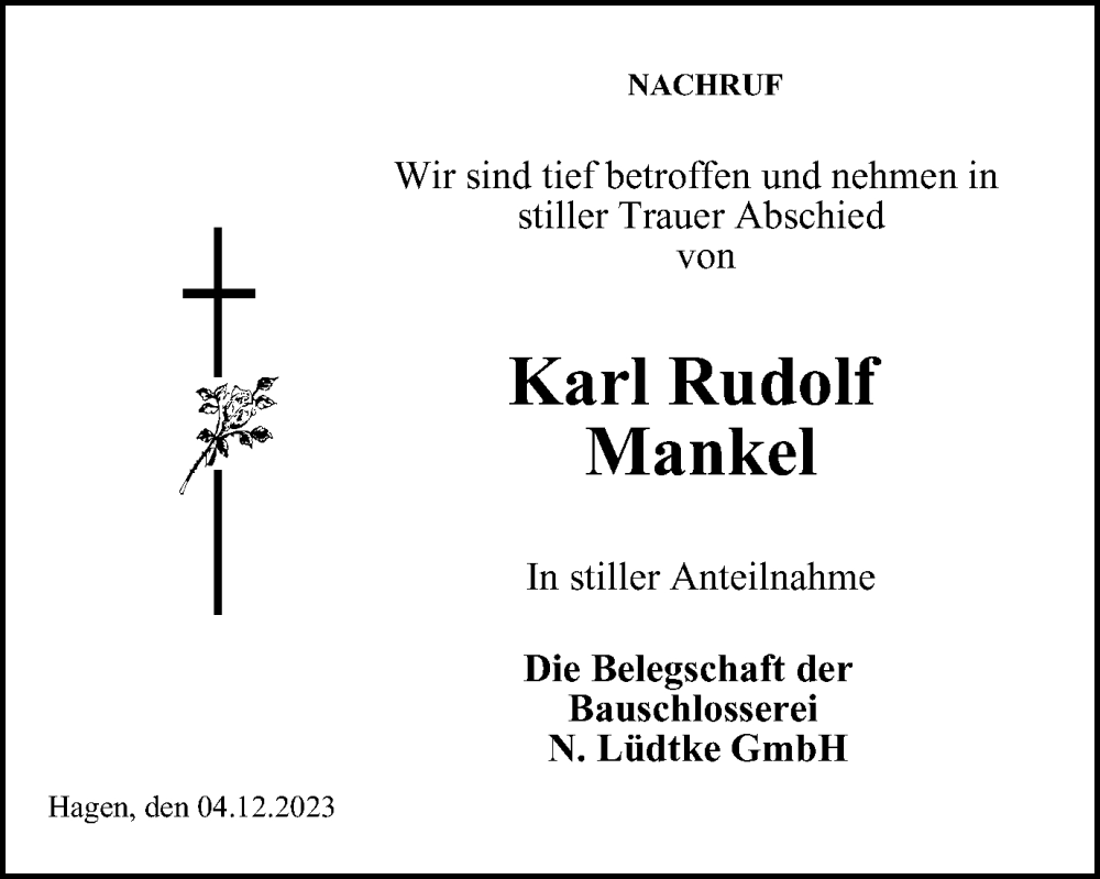  Traueranzeige für Karl Rudolf Mankel vom 06.12.2023 aus Tageszeitung