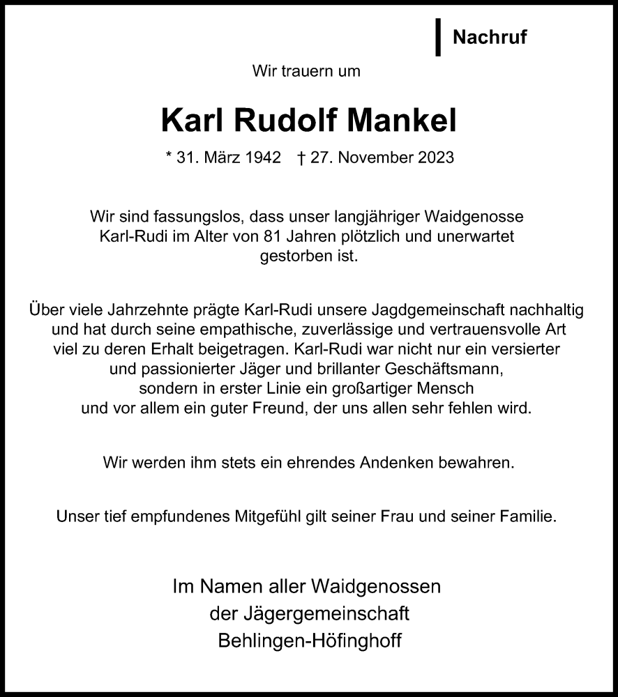  Traueranzeige für Karl Rudolf Mankel vom 06.12.2023 aus Tageszeitung