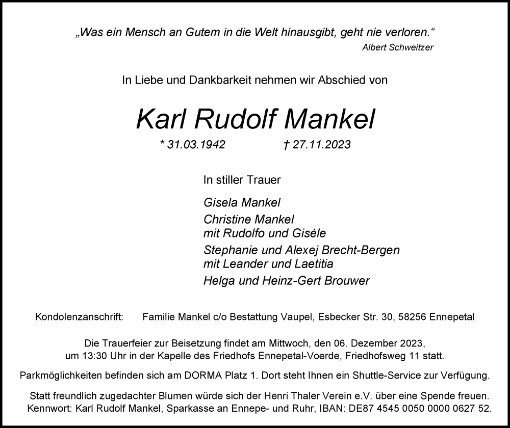  Traueranzeige für Karl Rudolf Mankel vom 02.12.2023 aus Tageszeitung