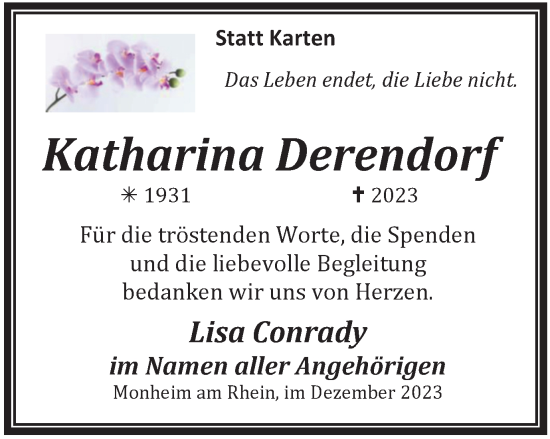 Traueranzeige von Katharina Derendorf von Tageszeitung