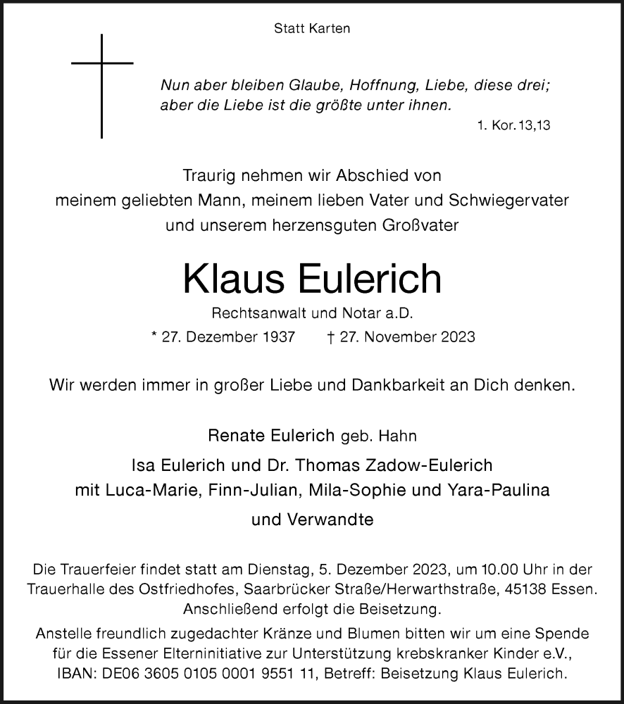  Traueranzeige für Klaus Eulerich vom 02.12.2023 aus Tageszeitung