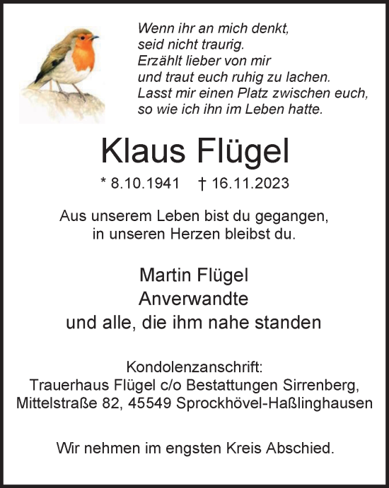 Traueranzeige von Klaus Flügel von Tageszeitung
