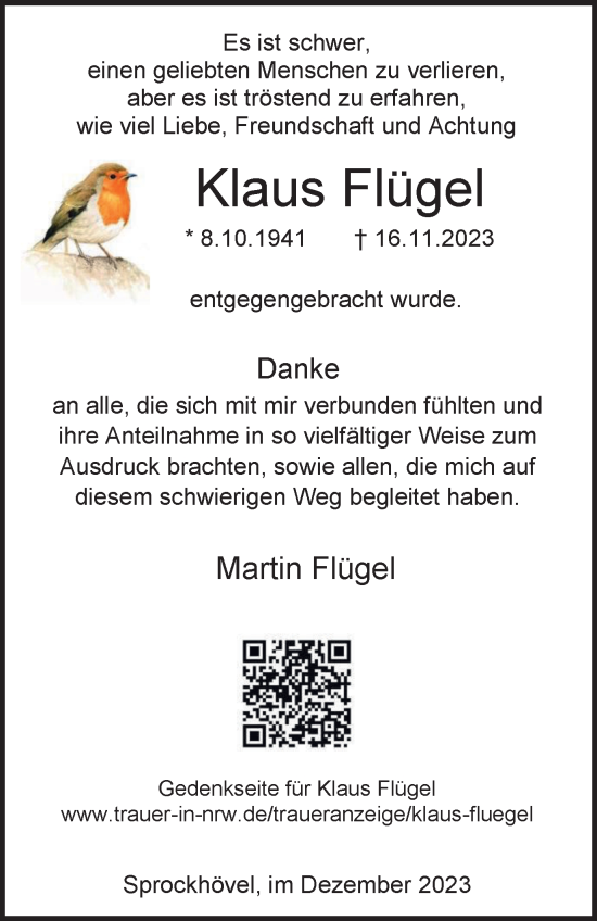 Traueranzeige von Klaus Flügel von Tageszeitung