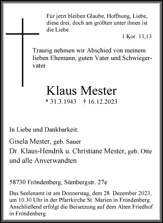 Traueranzeige von Klaus Mester von Tageszeitung