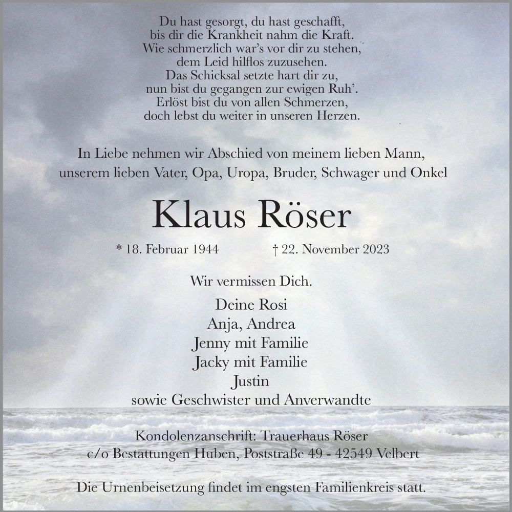  Traueranzeige für Klaus Röser vom 09.12.2023 aus Tageszeitung