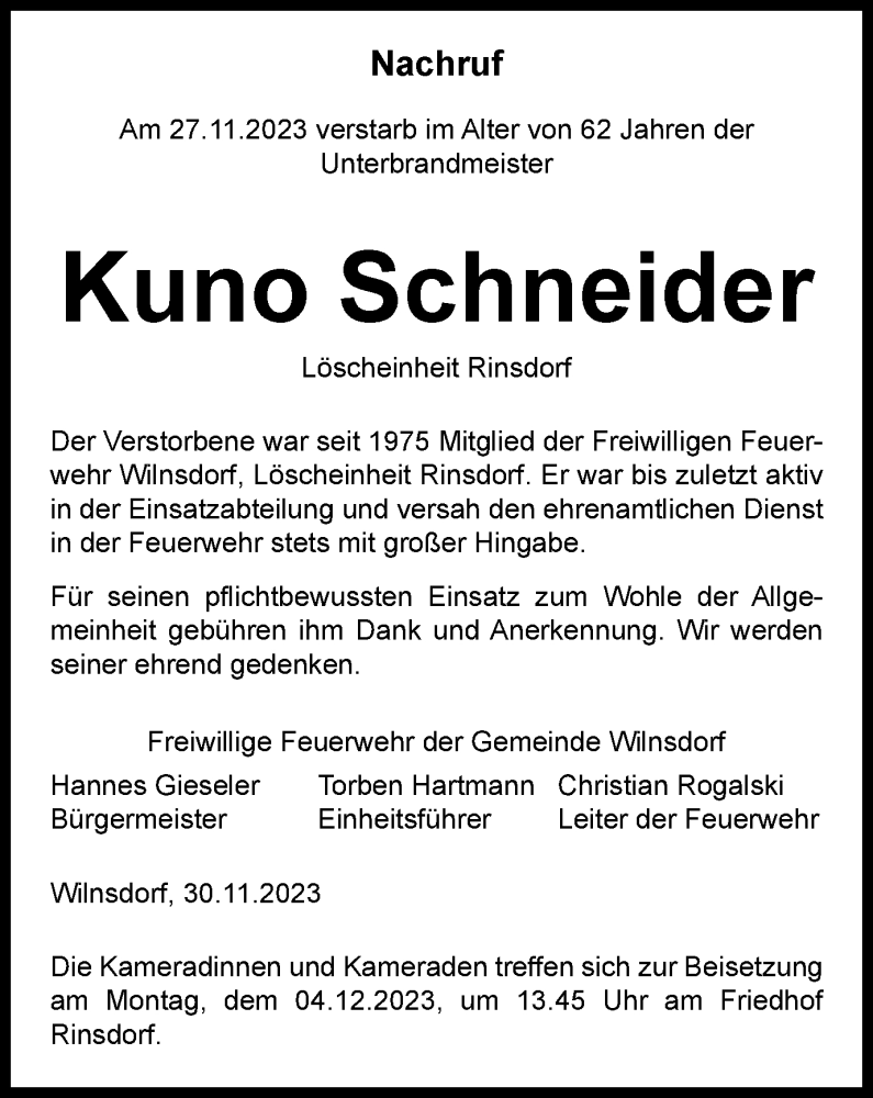  Traueranzeige für Kuno Schneider vom 02.12.2023 aus Tageszeitung