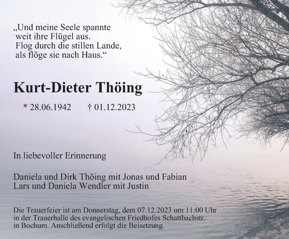  Traueranzeige für Kurt-Dieter Thöing vom 06.12.2023 aus Tageszeitung