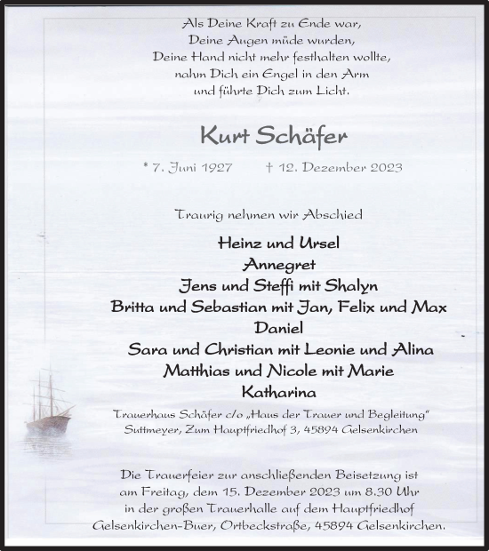 Traueranzeige von Kurt Schäfer von Tageszeitung
