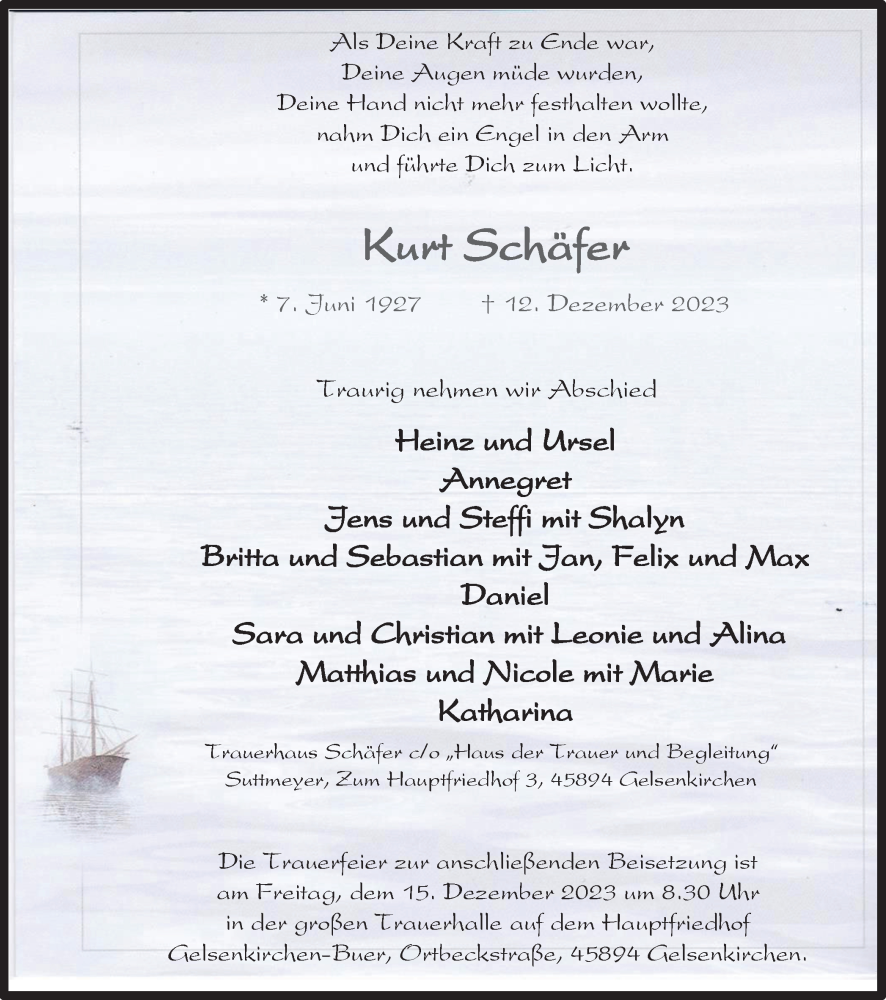  Traueranzeige für Kurt Schäfer vom 15.12.2023 aus Tageszeitung