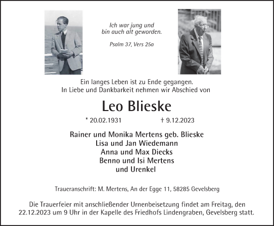 Traueranzeige von Leo Blieske von Tageszeitung