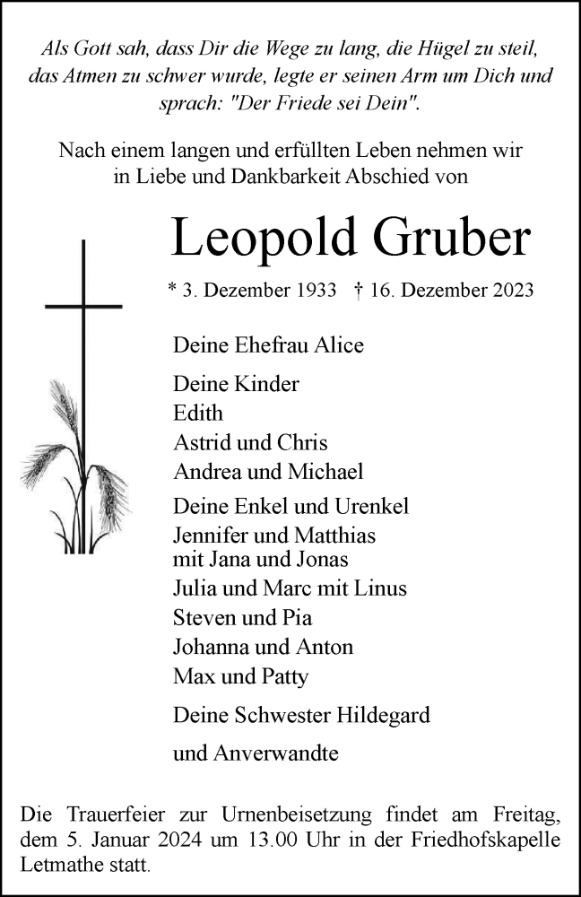  Traueranzeige für Leopold Gruber vom 30.12.2023 aus Tageszeitung