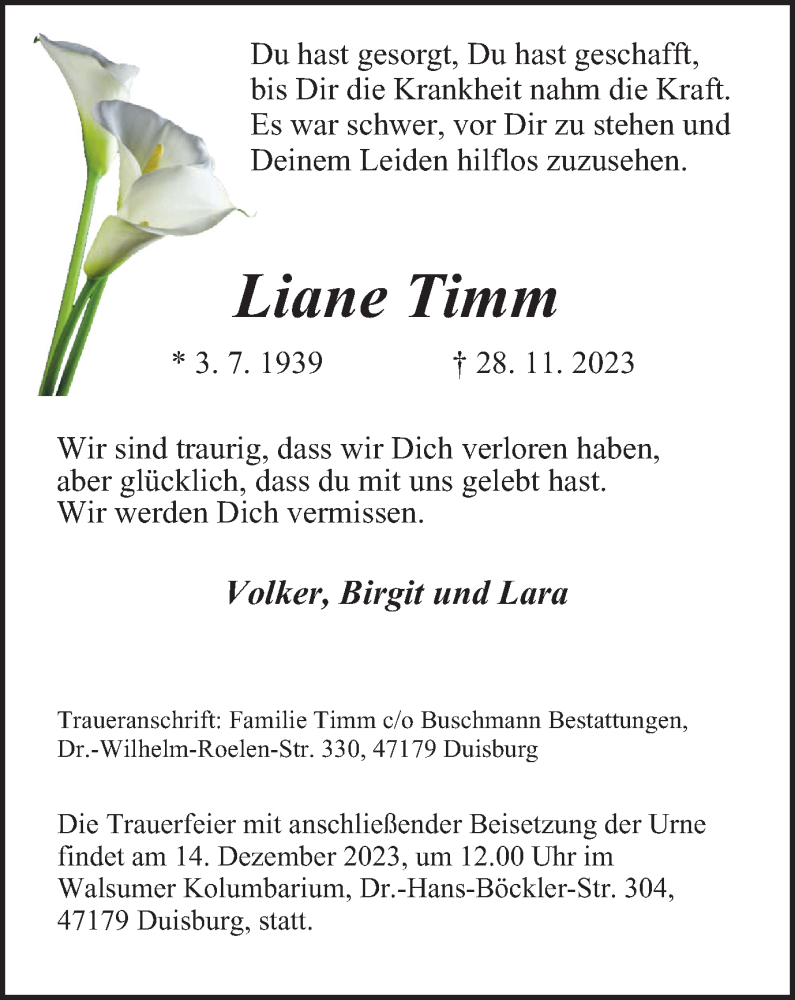  Traueranzeige für Liane Timm vom 02.12.2023 aus Tageszeitung