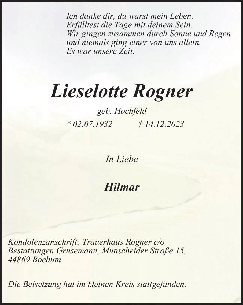  Traueranzeige für Lieselotte Rogner vom 30.12.2023 aus Tageszeitung