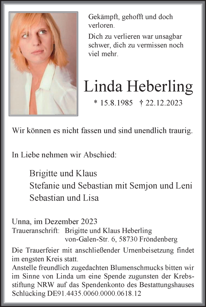  Traueranzeige für Linda Heberling vom 30.12.2023 aus Tageszeitung