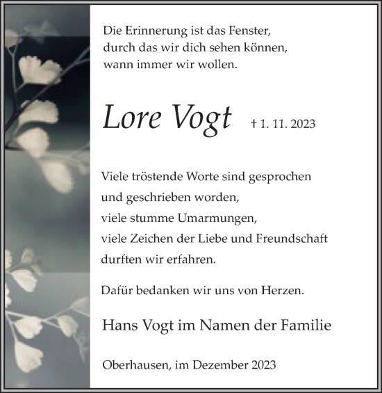 Traueranzeige von Lore Vogt von Tageszeitung