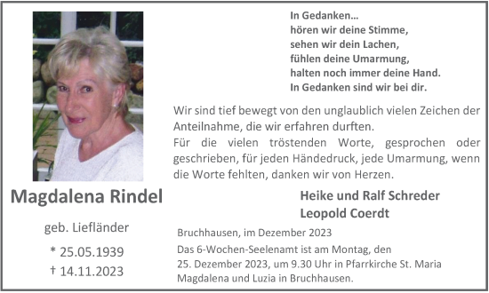 Traueranzeige von Magdalena Rindel von Tageszeitung