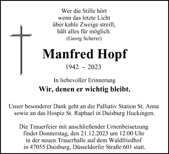 Traueranzeige von Manfred Hopf von Tageszeitung
