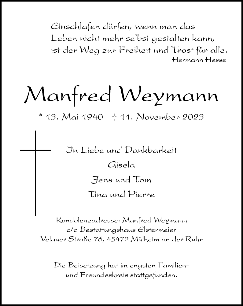  Traueranzeige für Manfred Weymann vom 02.12.2023 aus Tageszeitung