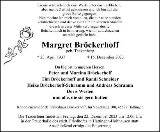 Traueranzeige von Margret Bröckerhoff von Tageszeitung