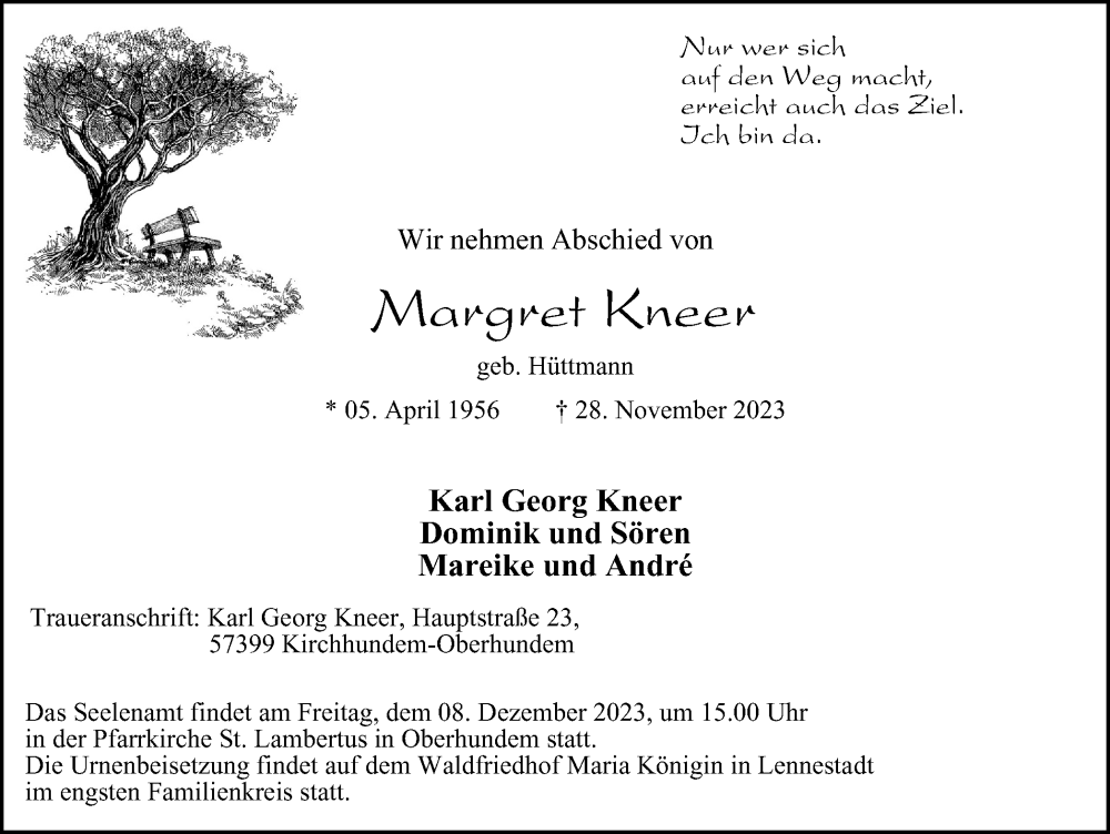  Traueranzeige für Margret Kneer vom 04.12.2023 aus Tageszeitung