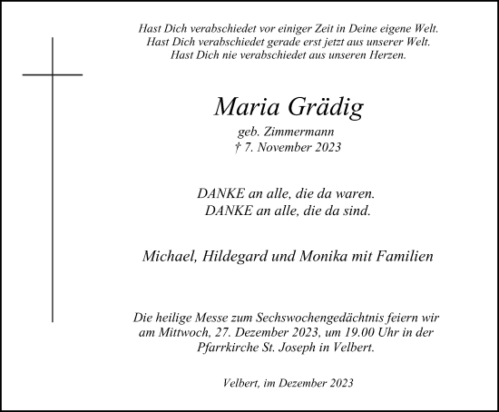 Traueranzeige von Maria Grädig von Tageszeitung