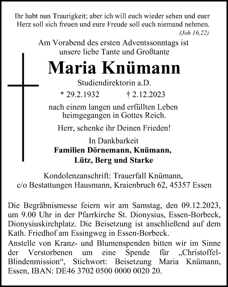  Traueranzeige für Maria Knümann vom 06.12.2023 aus Tageszeitung