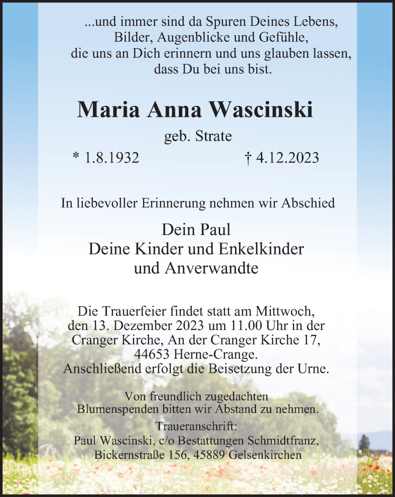  Traueranzeige für Maria Anna Wascinski vom 09.12.2023 aus Tageszeitung