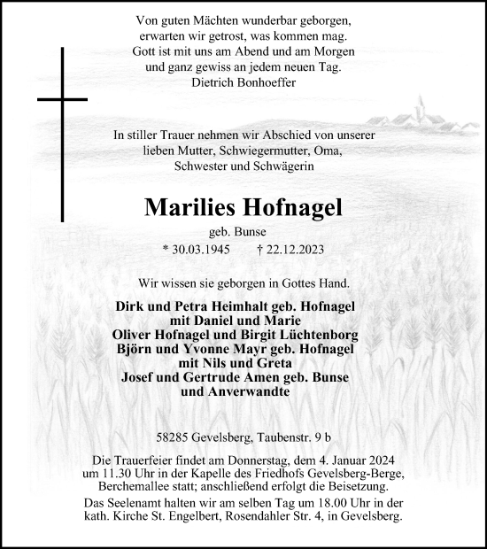 Traueranzeige von Marilies Hofnagel von Tageszeitung